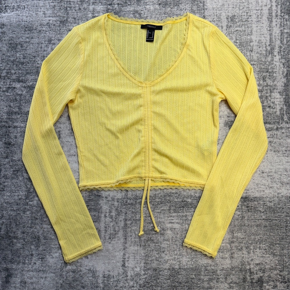 Womens Crop Top Size Medium Yellow Ribbed Knit Ruched Lace Dainty Coquette Y2K